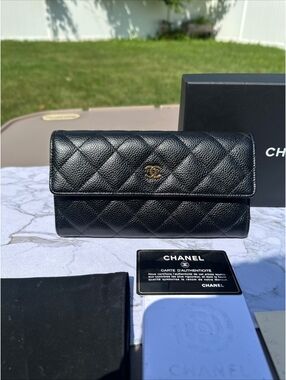 Chanel 2014 Black Caviar Quilted CC Long Flap Wallet Box